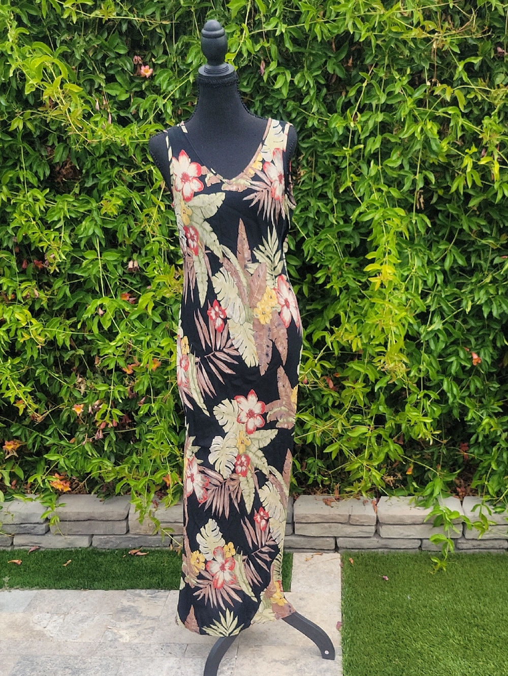 Vintage Karen Kane Black Tropical Floral Maxi Dress M - Picture 7 of 10